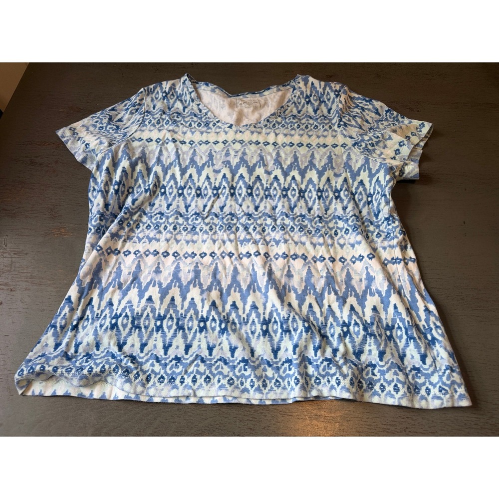 St. Johns Bay Blue White Ikat V-Neck Cotton T-Shirt Short Sleeve Top XL